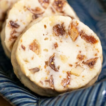 Closeup of a Honey Fig and Walnut cookie. Lots of figs and walnuts.