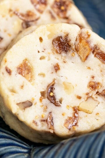 Closeup of a Honey Fig and Walnut cookie. Lots of figs and walnuts.