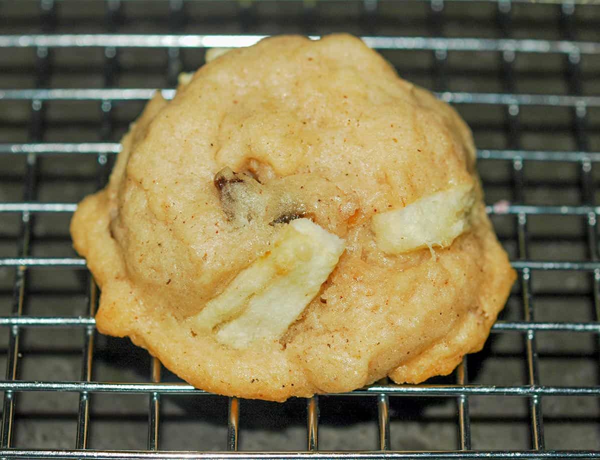 Single Apple cider cookie before adding icing sitting on a wire rack.
