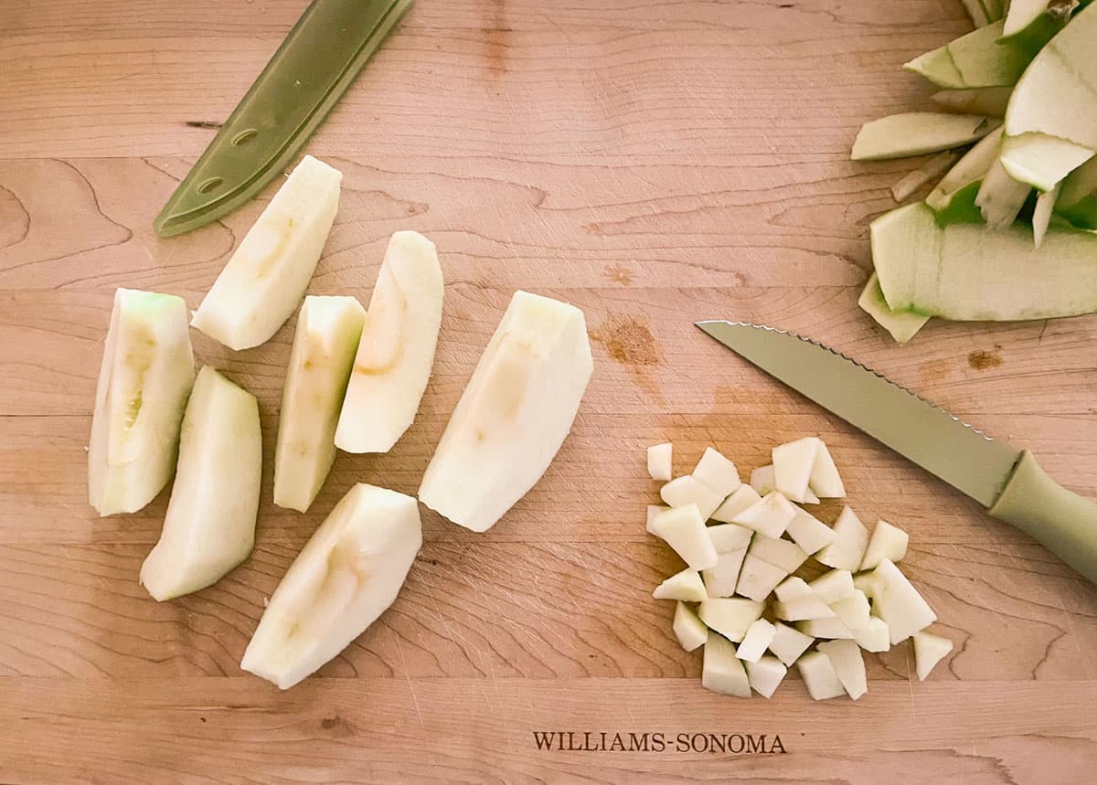 Peeling and dicing a granny smith apple.