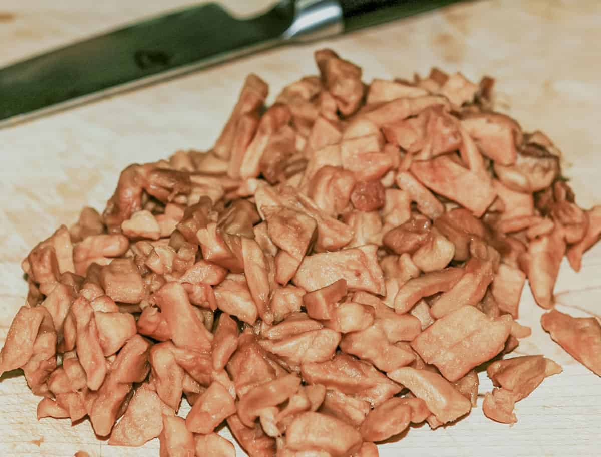 Dried apples which are dark and spongy looking that cut up to add to the cookie dough.