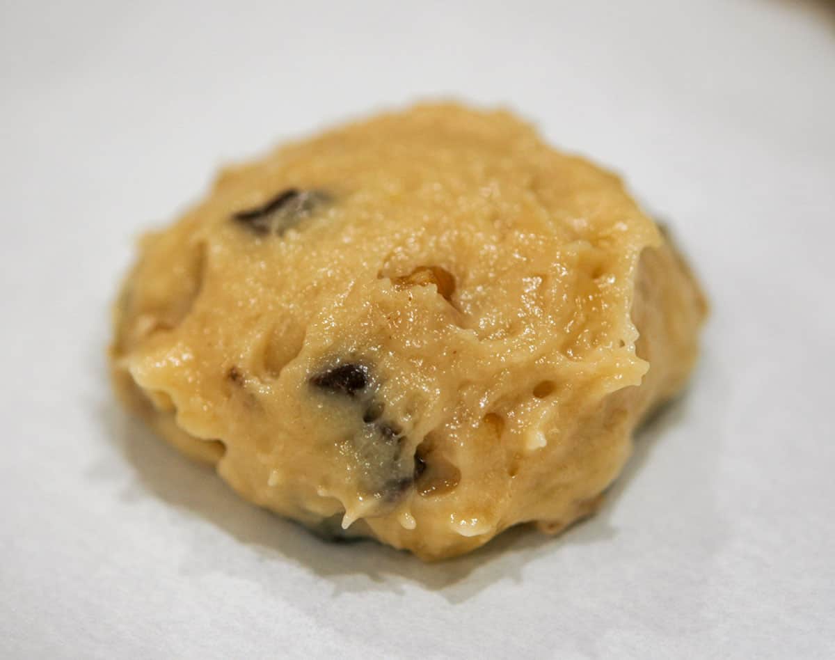 A single scoop of banana bread cookie dough which is very moist.