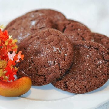Chocolate sugar cookies on a white plate.