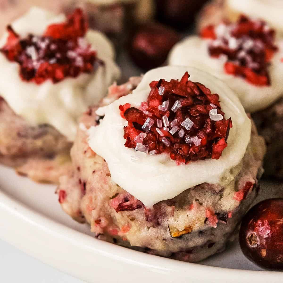 Cranberry Hazelnut cookie frosted with cranberry sugar on top.