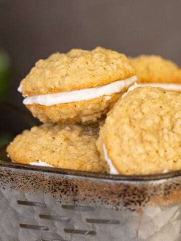 Oatmeal Cream Filled Cookies in an old square tin.