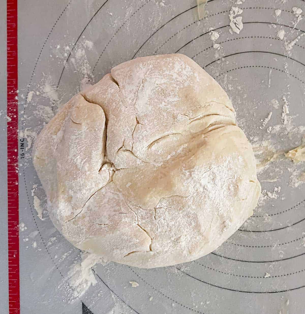 Apple Cranberry Walnut Swirl dough kneaded into an oblong shape on a pastry mat.