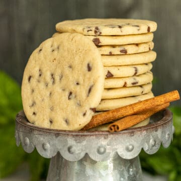 Chocolate Chip Sugar cookies stacked on a metal dish with two sticks of cinnamon on the side.