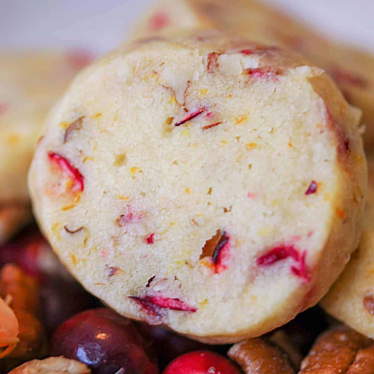 Fresh cranberry orange pecan shortbread finished cookie sitting on a bed of cranberries and pecans.