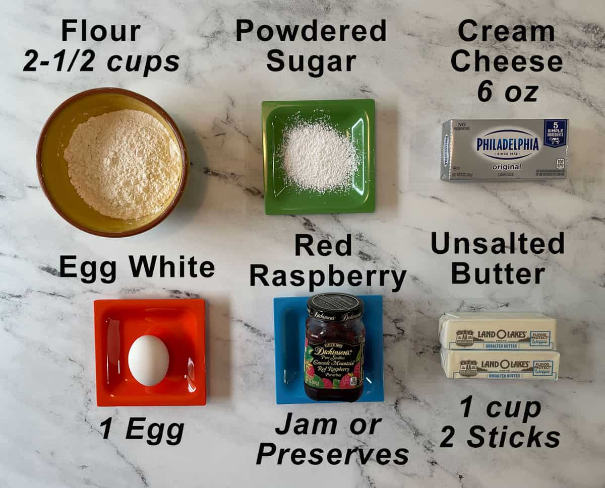 Red raspberry kolache ingredients labeled with amounts and names.