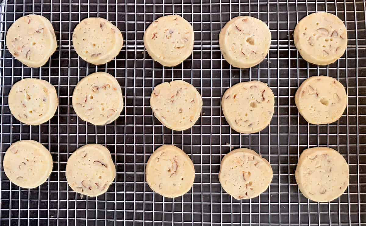 Lemon Ginger with Hazelnut Shortbread cookies on a cooling wire rack.