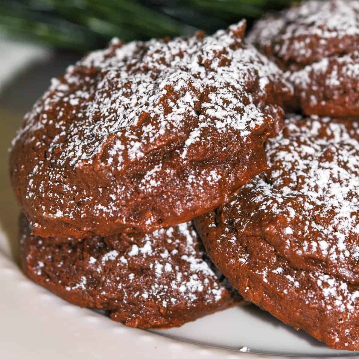 Cream Cheese Chocolate Cookies on a white plate ready to eat.