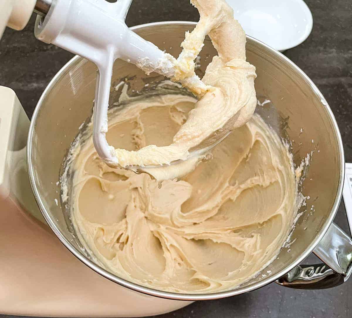 Mixed butter, cream cheese and sugar into a smooth batter.