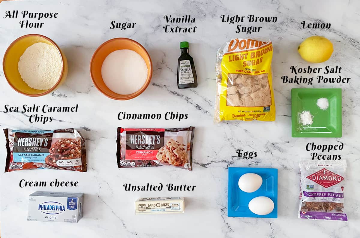 Image of ingredients for caramel and cinnamon with pecan cookies on marble background.