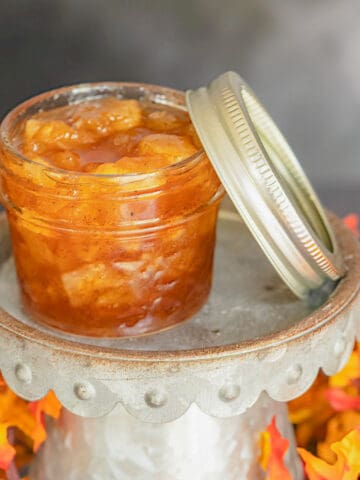 Chunky Apple Jam finished in a decorative jar.