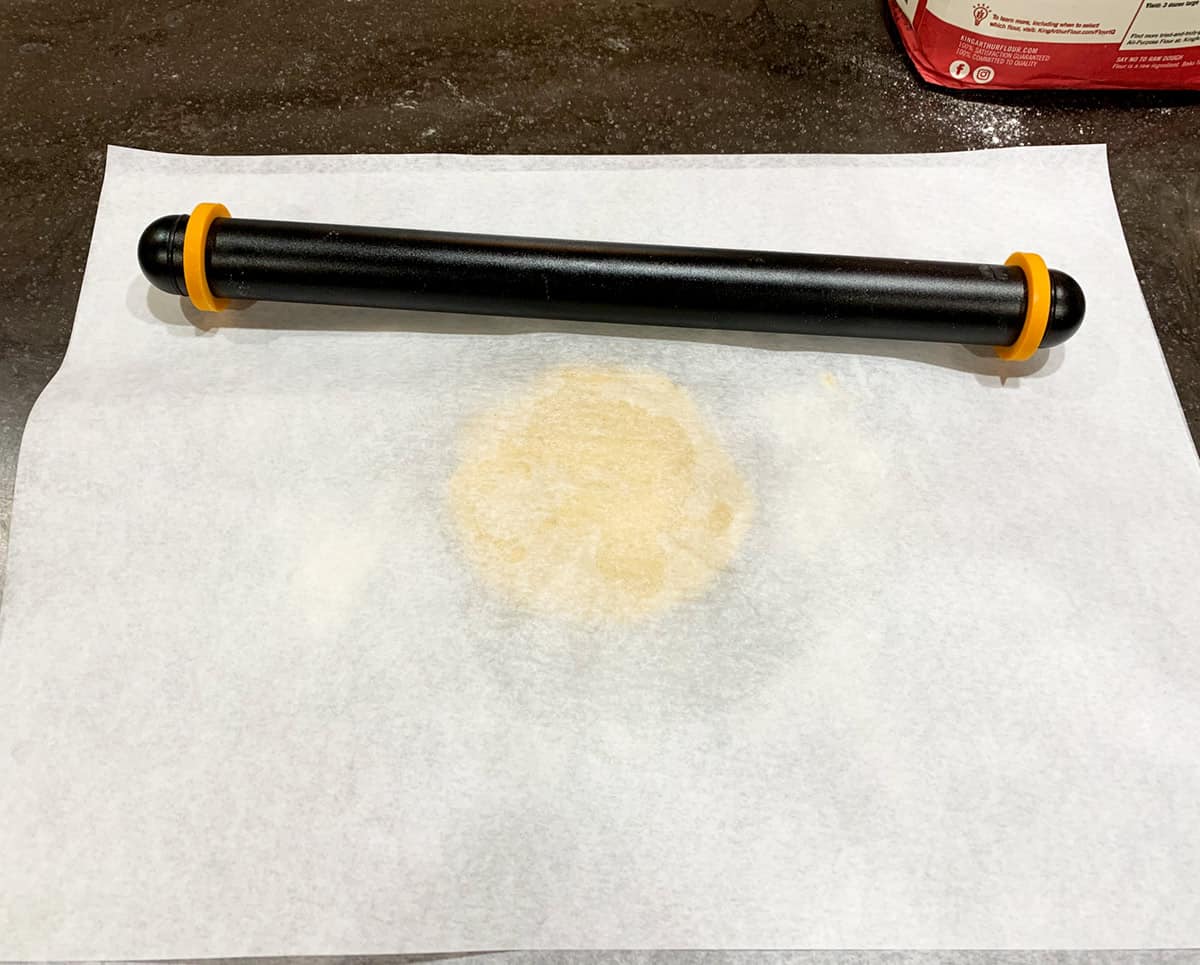 Cookie dough placed between 2 pieces of parchment paper.