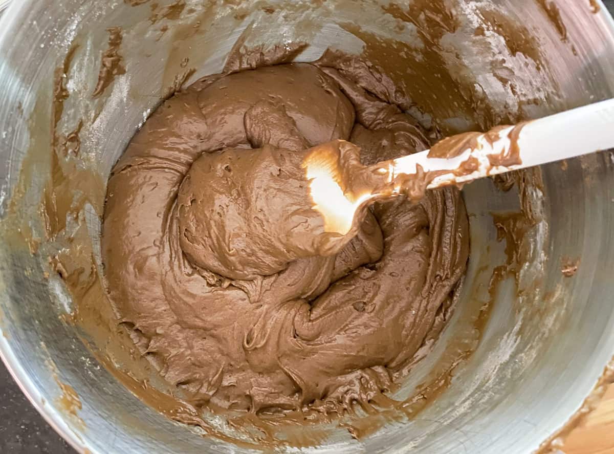 Molasses cookie dough mixed in a mixer bowl.
