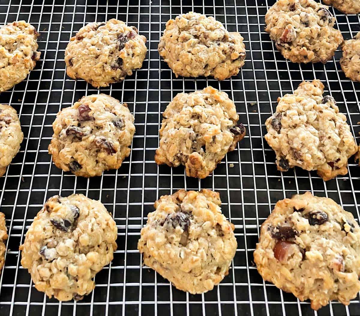 Finished Soft Oatmeal with dates and walnuts on a cooling rack.