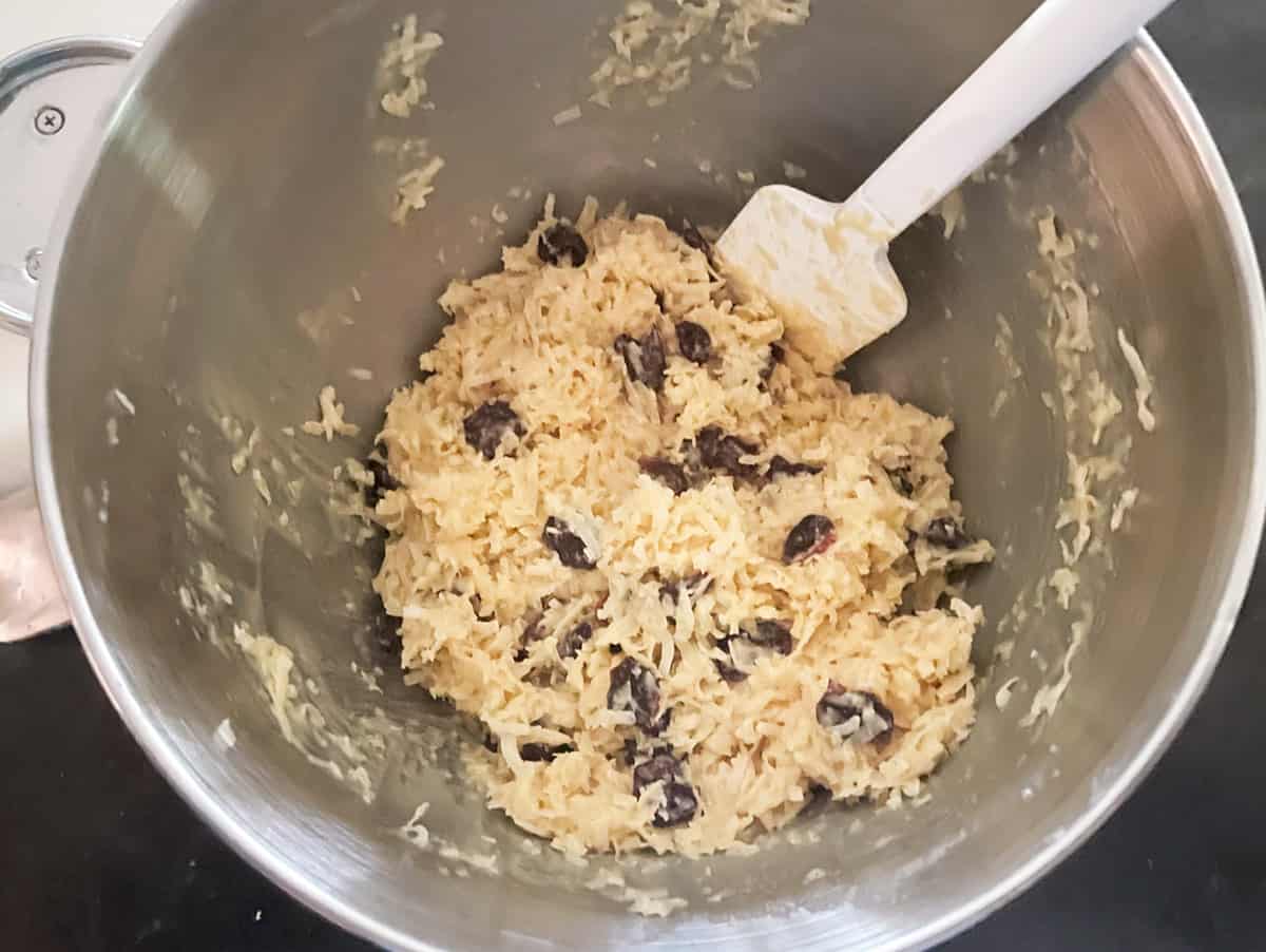 All ingredients mixed in a mixer bowl, ready to scoop and bake.
