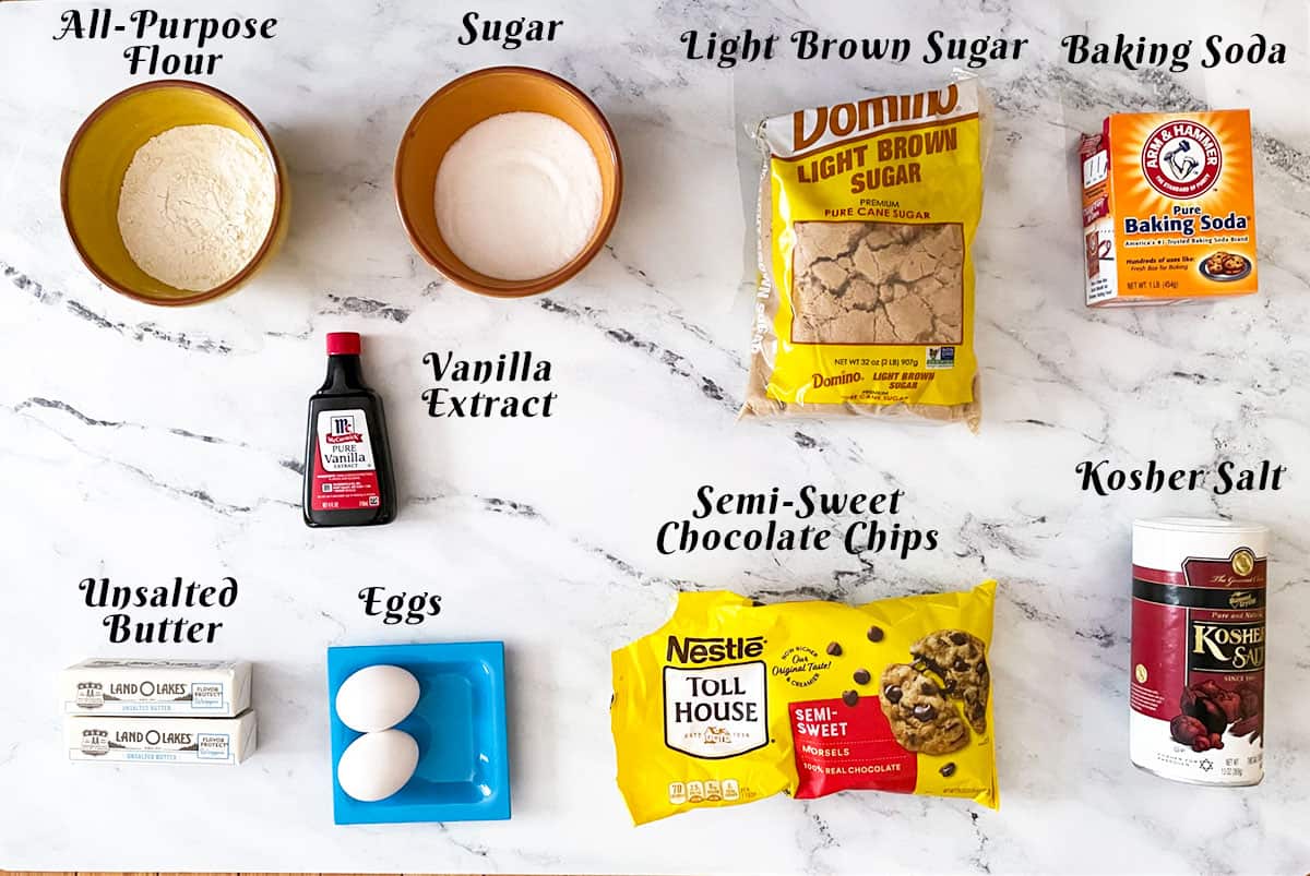 A n image of the ingredients to make a chocolate chip cookie.
