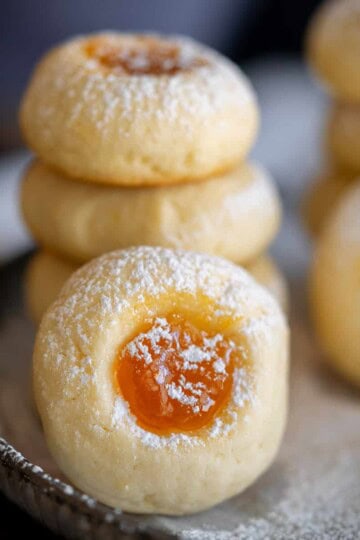 Close up of a finished apricot preserved filled cookie.