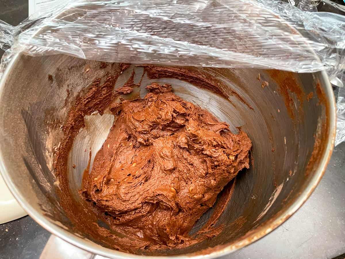 All ingredients are mixed together into the mixer bowl, chocolate is the main color.