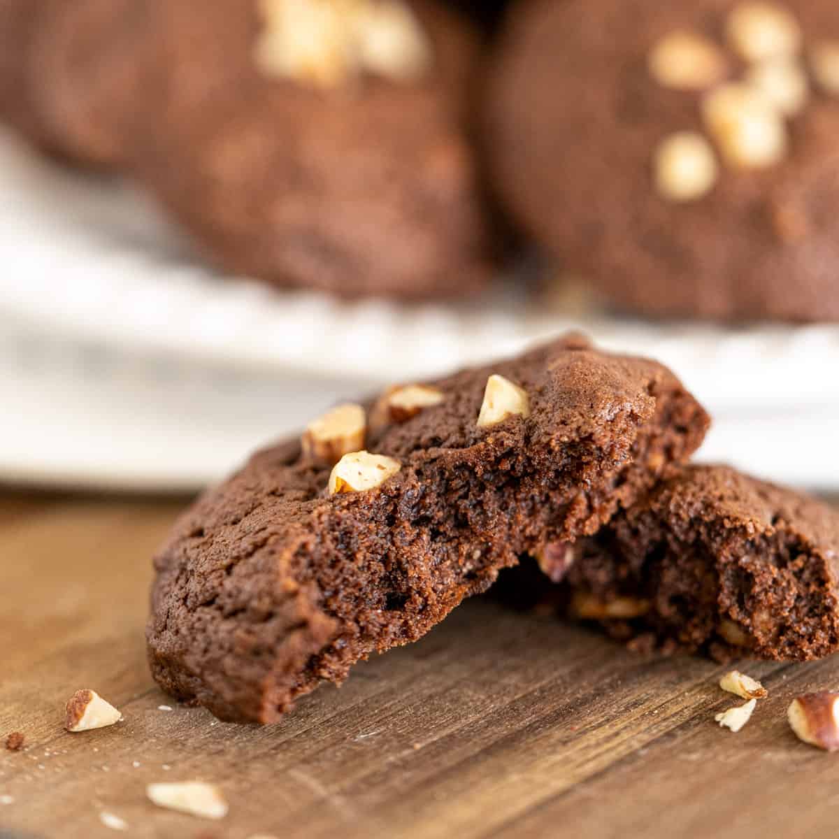 Chocolate cookie split in half so you can see the moist middle.