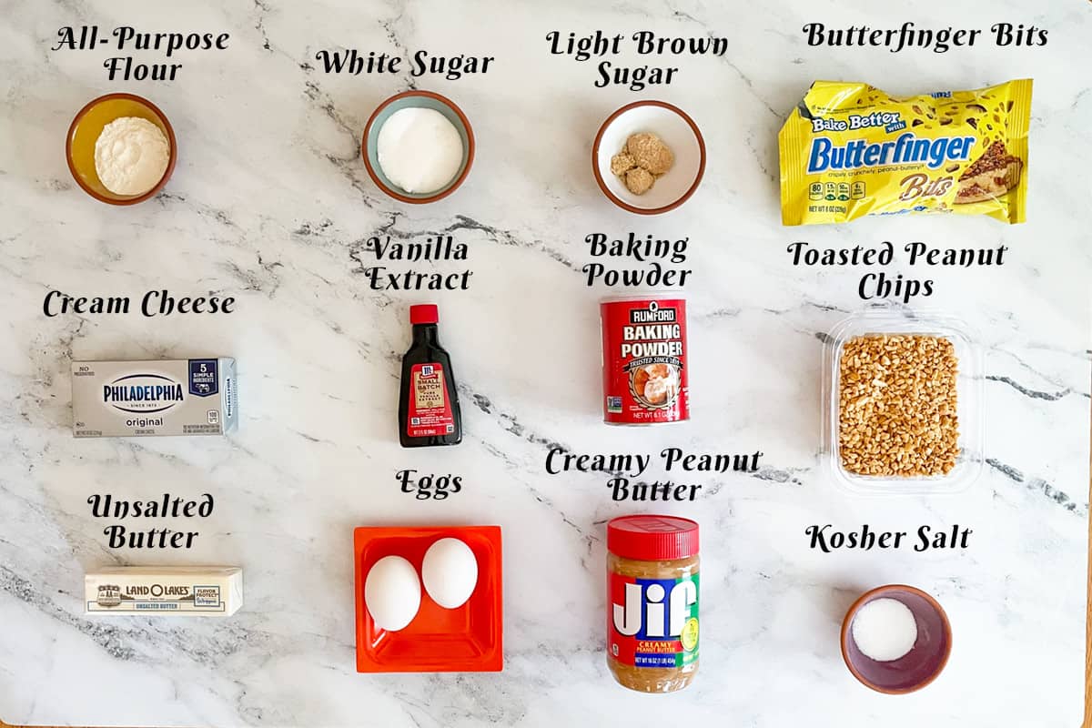 Ingredients for making Peanut Butter and Butterfinger cookies.