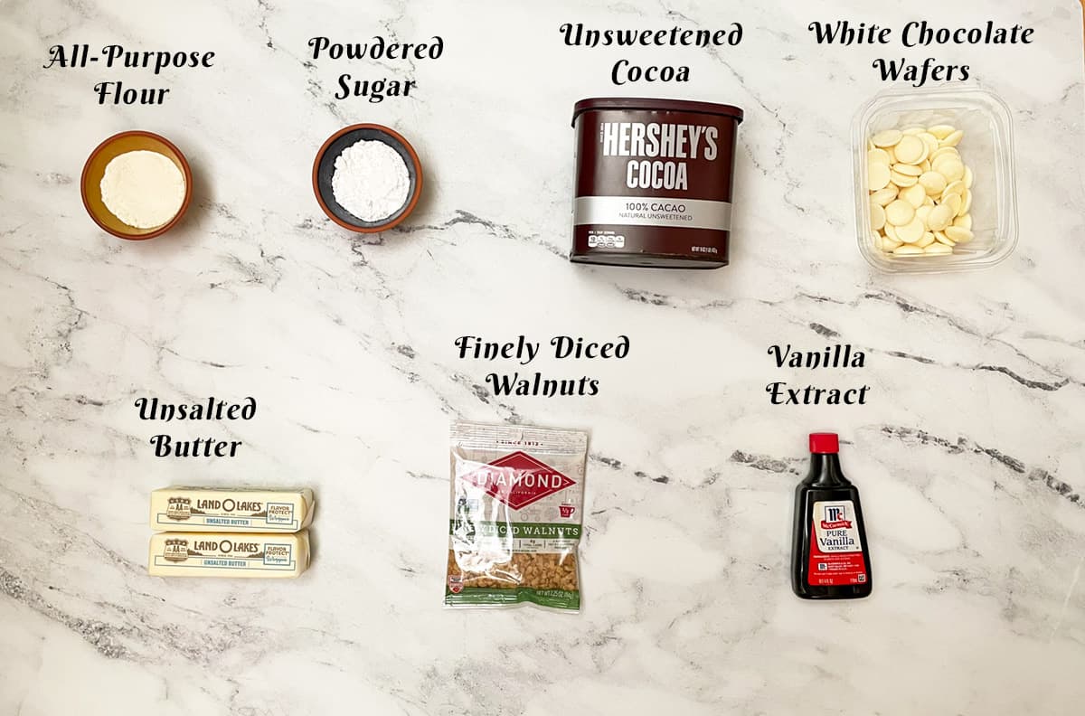 Ingredients for chocolate walnut shortbread cookies.
