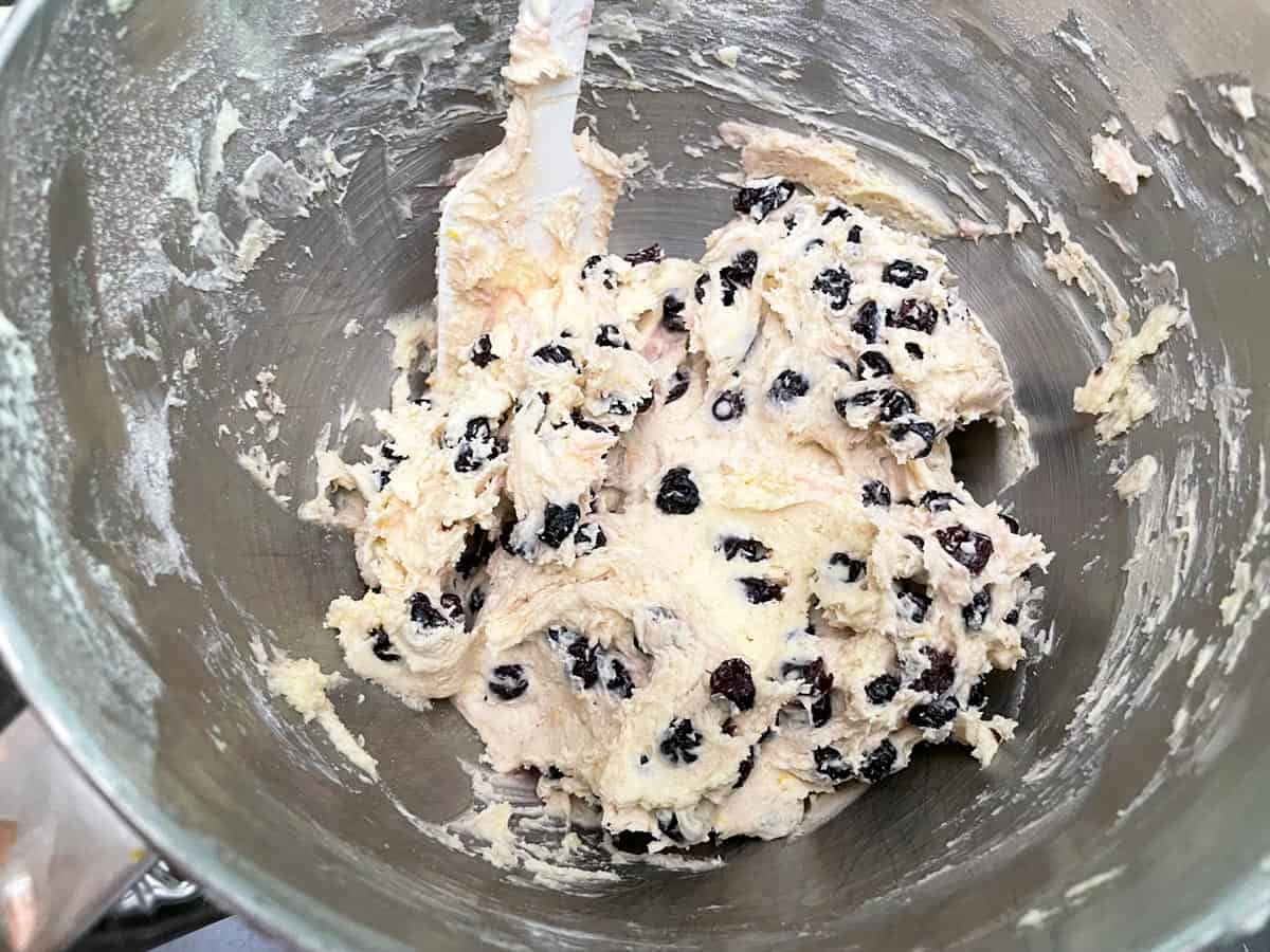 Cookie dough with blueberries ready to scooped.