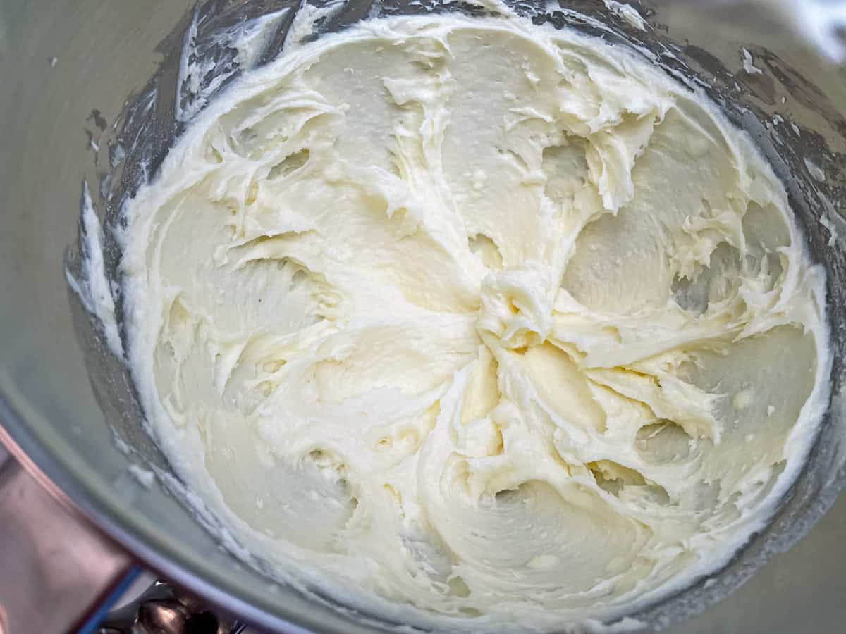 Light and fluffy cream cheese, butter, and sugar, this is what it looks like after it is creamed in mixer.