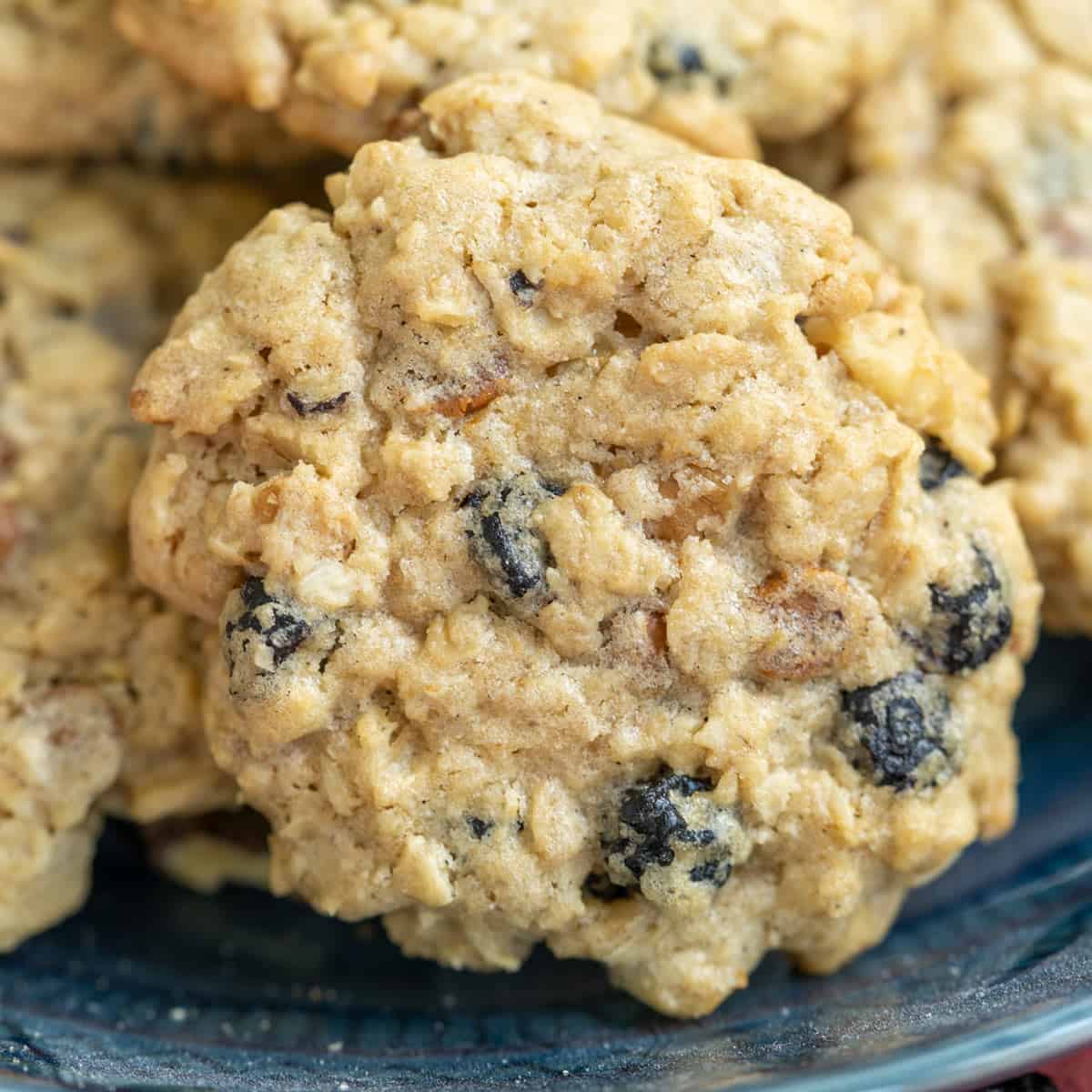 Blueberry with walnuts and cinnamon oatmeal cookies on a blue plate.