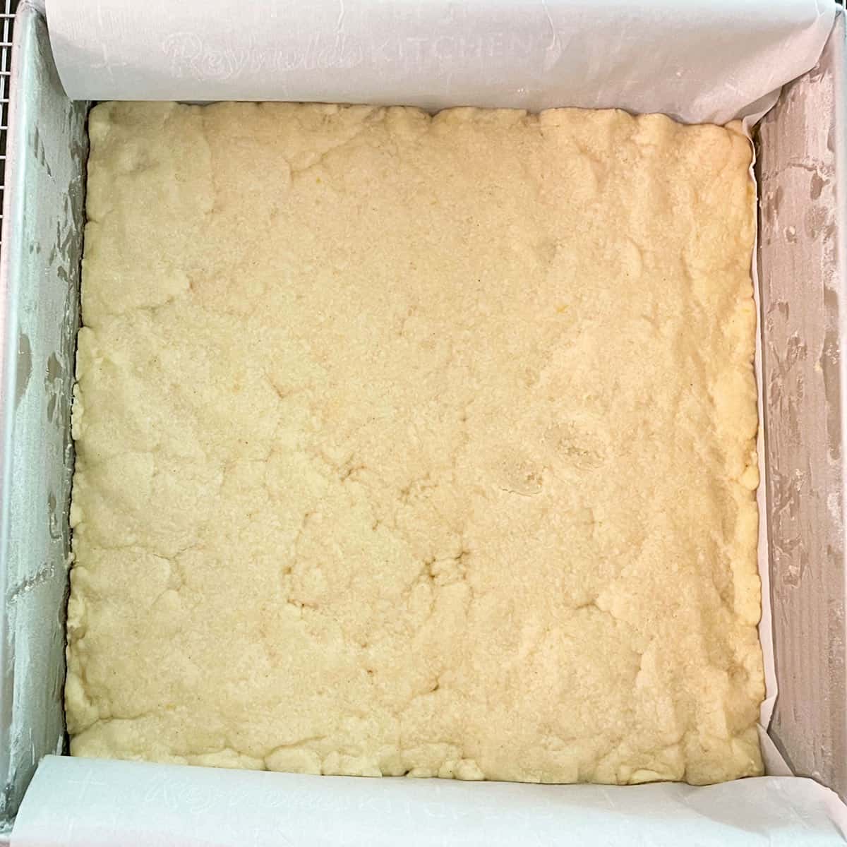 Bottom shortbread crust after baking to a golden color.