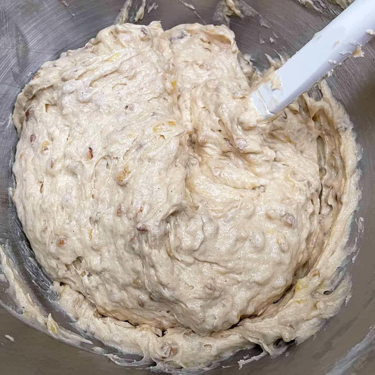 Banana Bread cookie dough all mixed up in the mixer bowl.