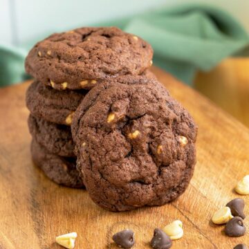 Full view of a chocolate cookie and leaning against a stack of cookie on a wooden base.