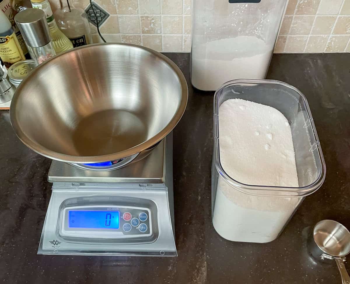 Bowl on top of a scale to weigh grams of ingredients.