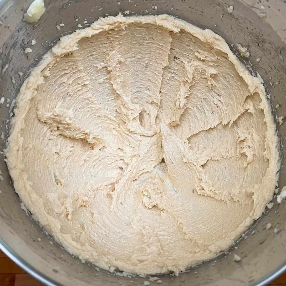 Butter, sugars and maple syrup mixed to a creamy consistency in a mixer.
