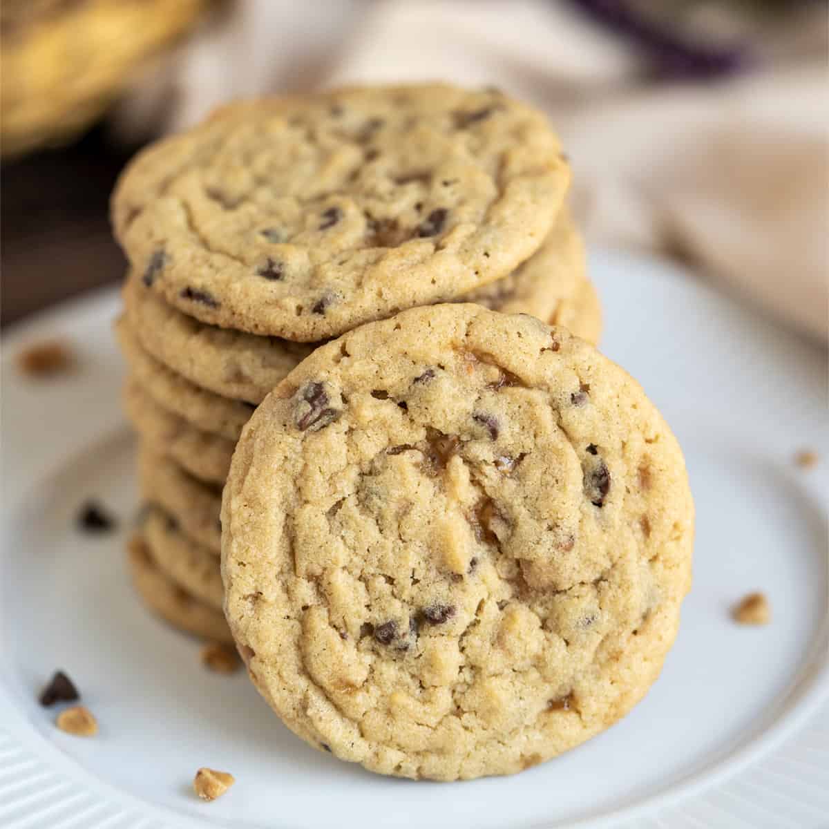 Stack of chocolate toffee cookies and front view on a white plate.