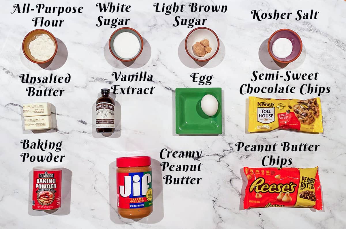 Ingredients for ultimate peanut butter chocolate cookies.