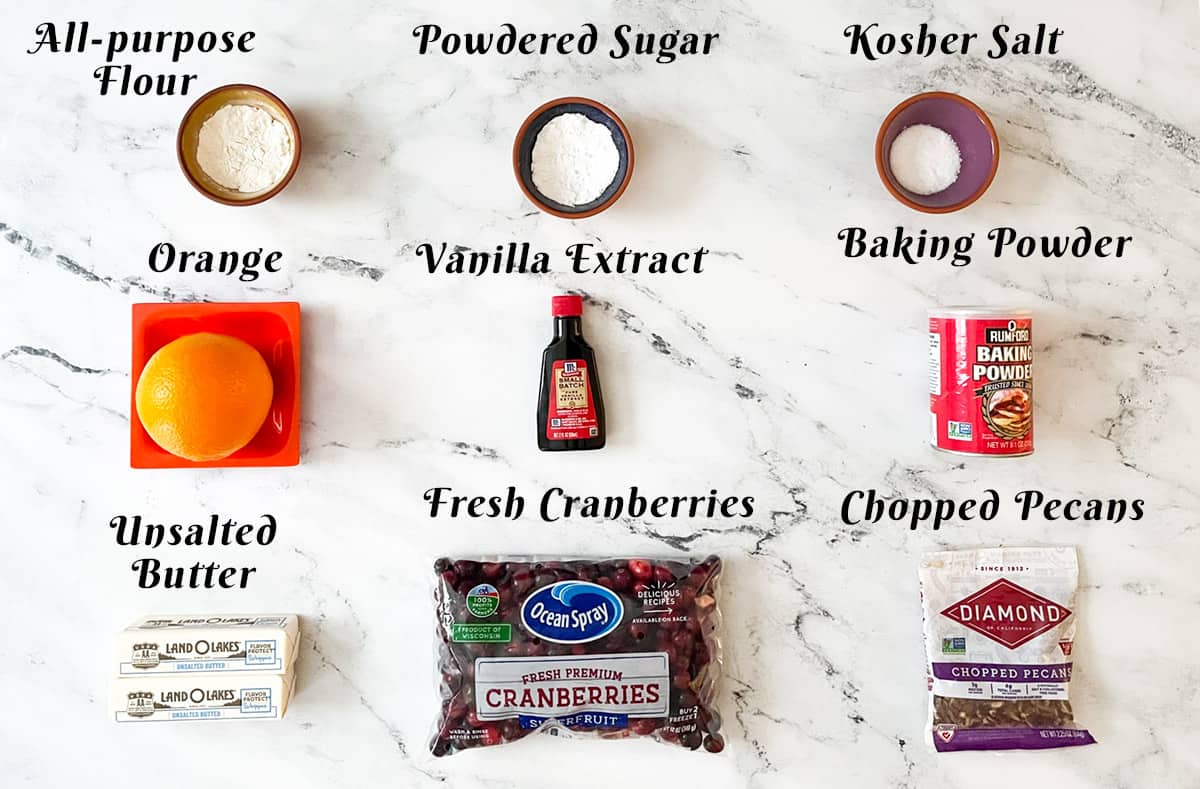 Ingredients for fresh cranberry orange pecan shortbread cookies.