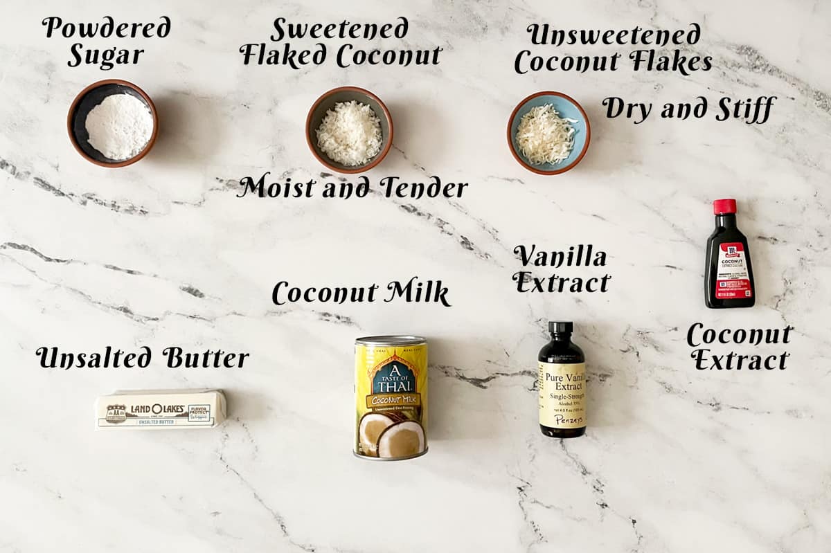 Ingredients for coconut buttercream frosting.