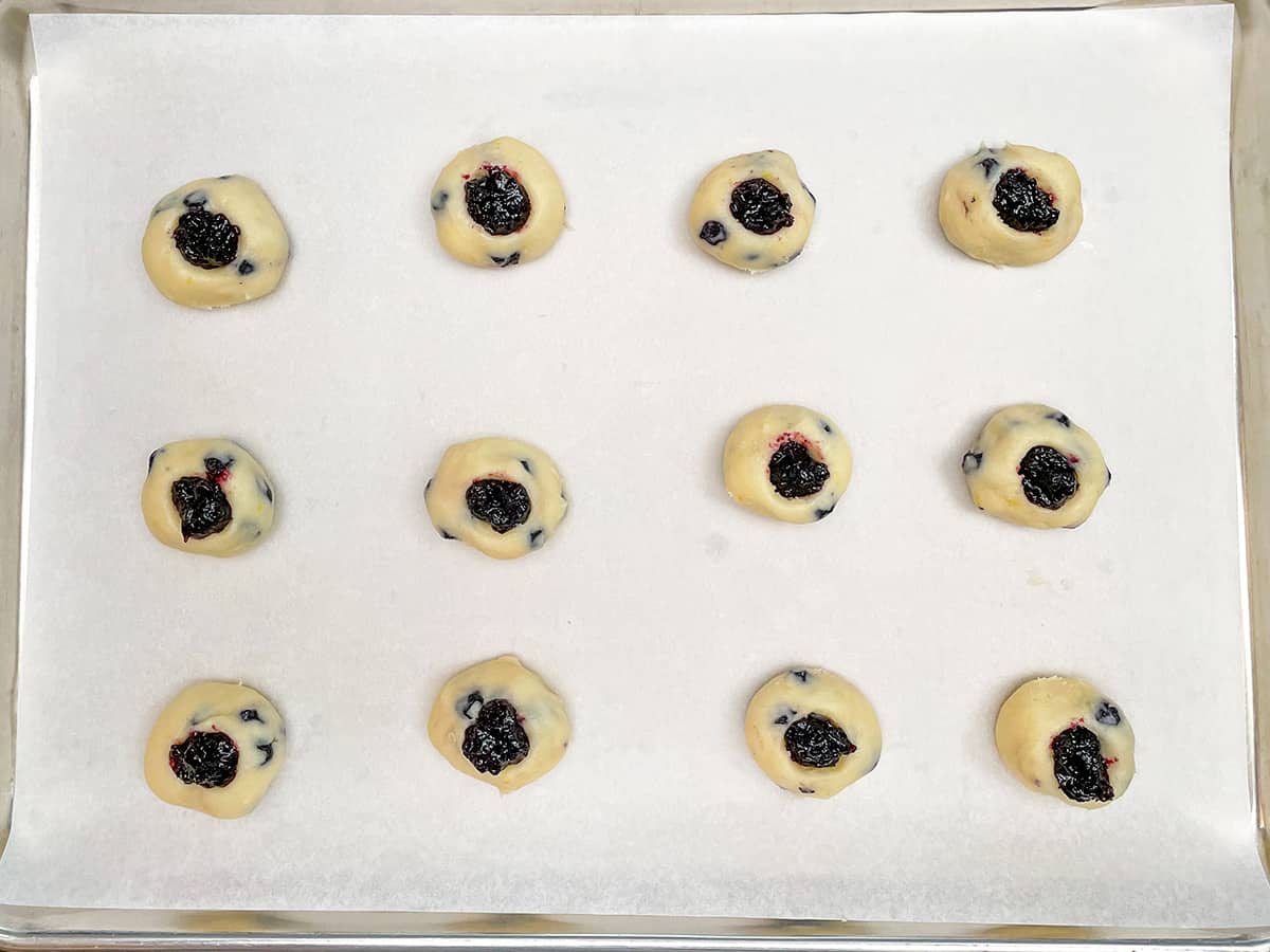 Blueberry cookies with the blueberry jam filled into the holes just before baking.