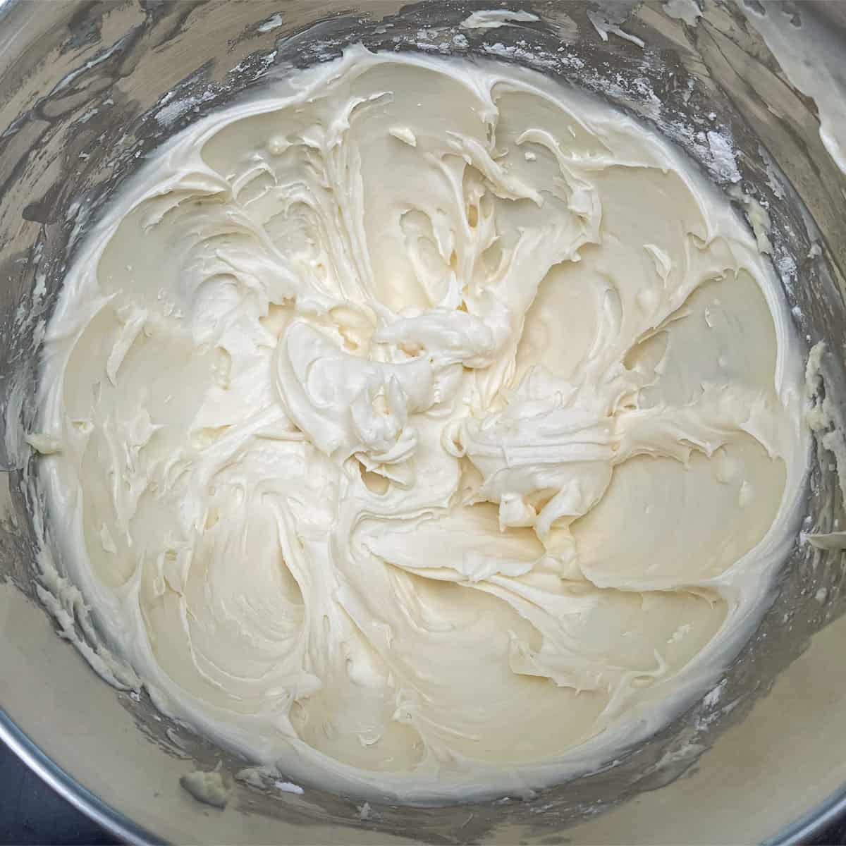 Smooth and creamy cream cheese icing after all ingredients were added and beaten for 3 minutes.