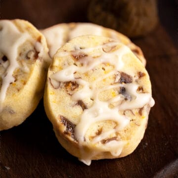 Close up image of the fig pecan cookies with honey orange glaze.