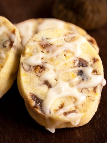 Close up image of the fig pecan cookies with honey orange glaze.
