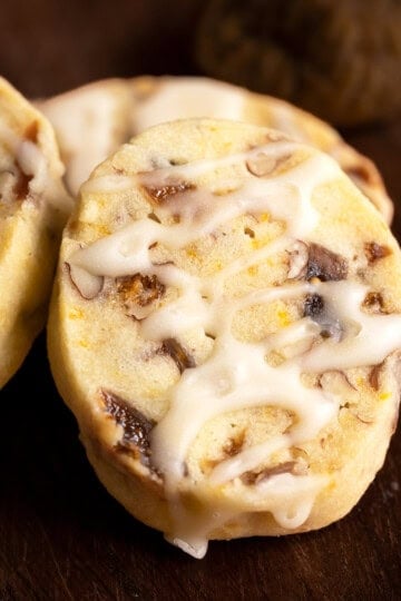Close up image of the fig pecan cookies with honey orange glaze.