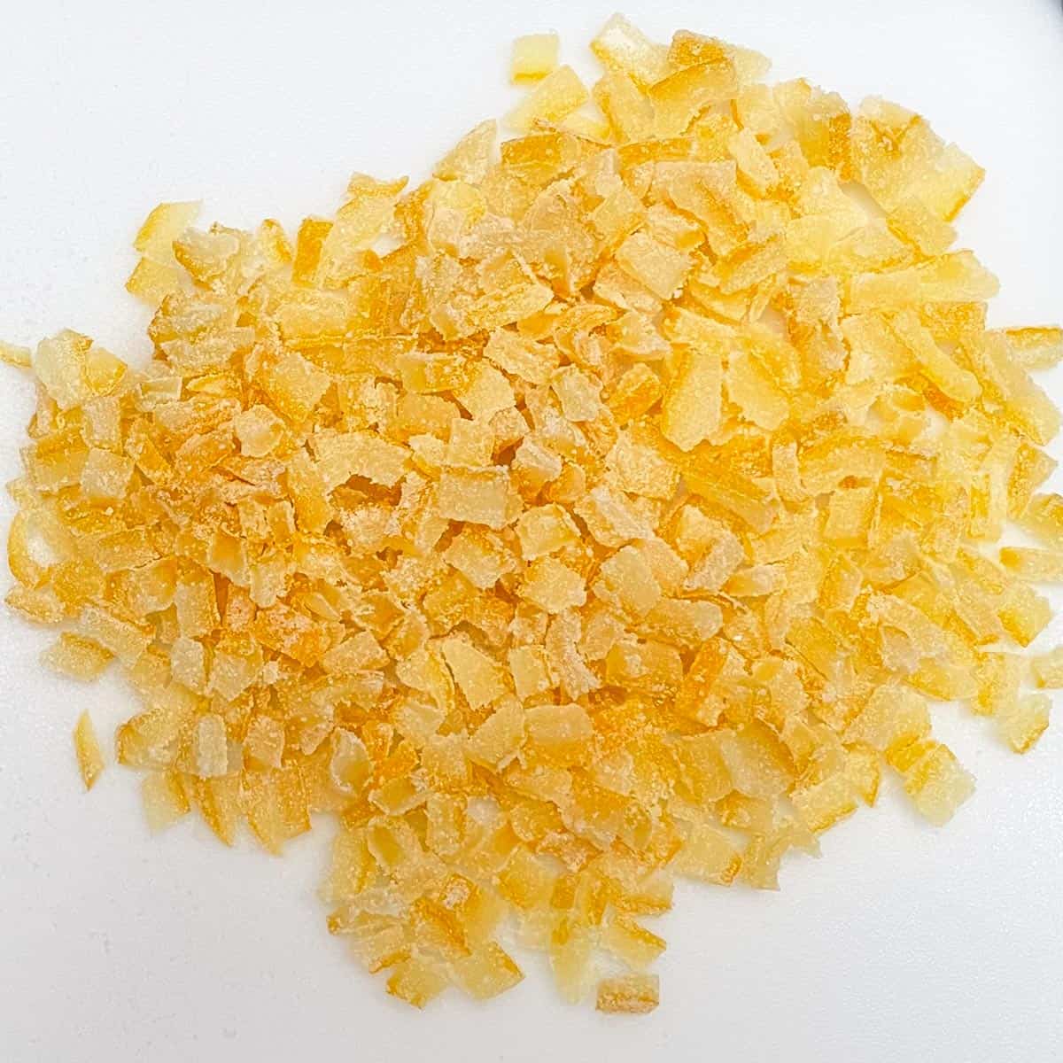 Cut up candied lemon peel to use in baking my cookies.