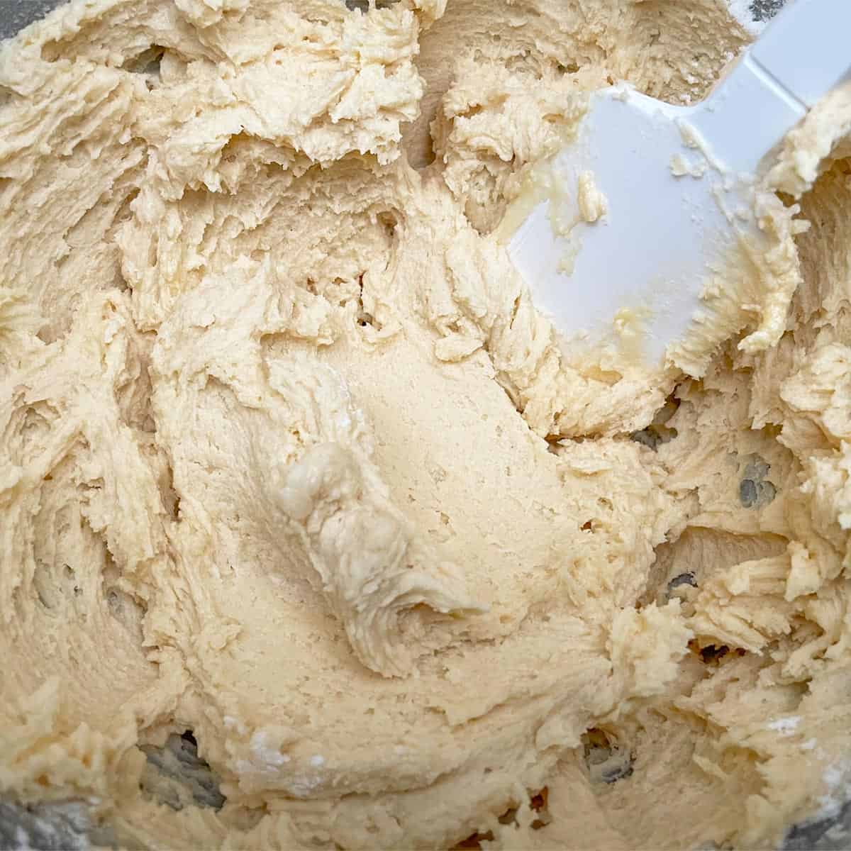 Butter, sugar and flour mixture all together in a mixer bowl.