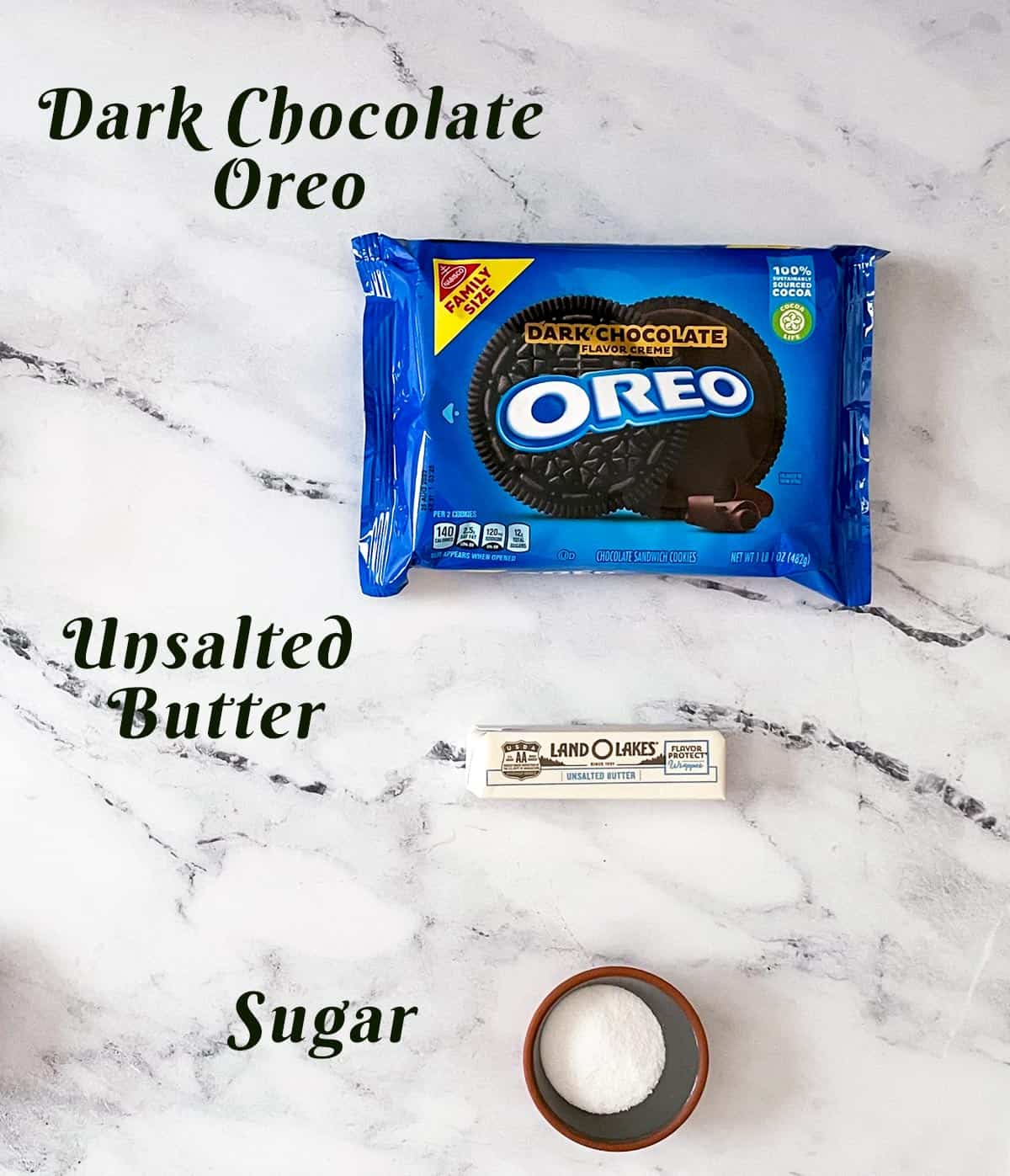 Dark chocolate Oreo crust ingredients.