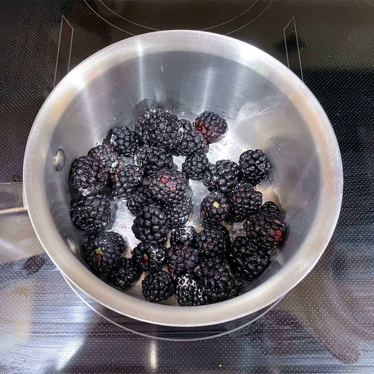 Blackberries, sugar and water added to a saucepan to be cooked.
