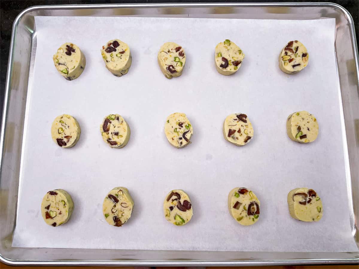 Size and spacing of cookies on a parchment lined cookie sheet pan.